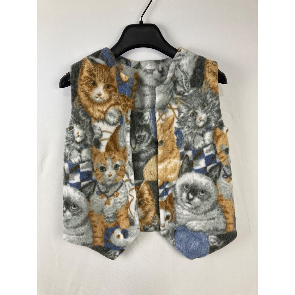 Handmade Fleece Cat Vest Open Front Blue Pointed Hem Kittens Yarn Youth M-L